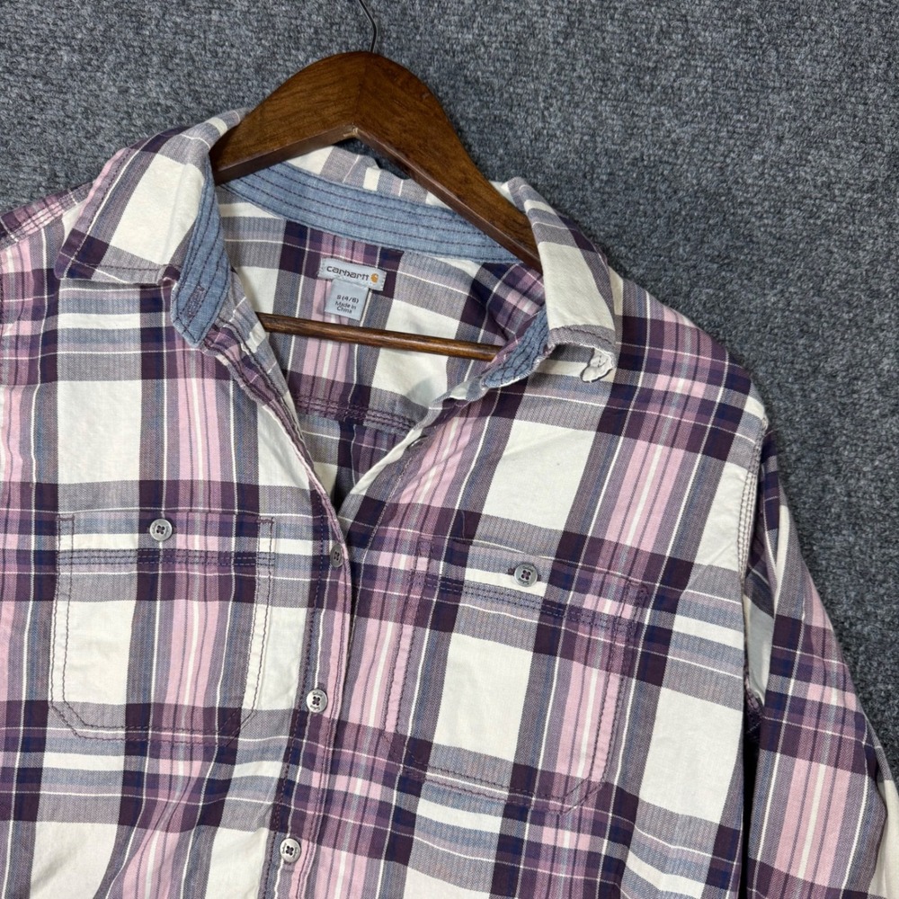 Carhartt Womens Plaid Flannel Button‎ Down Shirt Purple Pink White Small 4/6